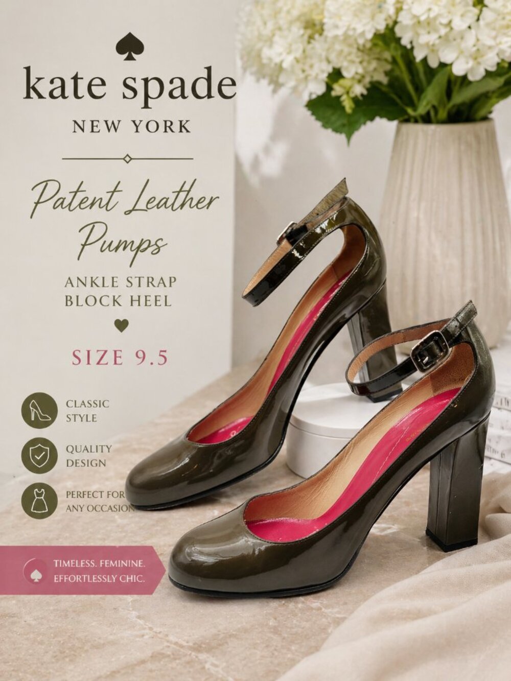 Kate Spade New York Patent Leather Pumps Green Ankle Strap Heels Size 9.5 Block